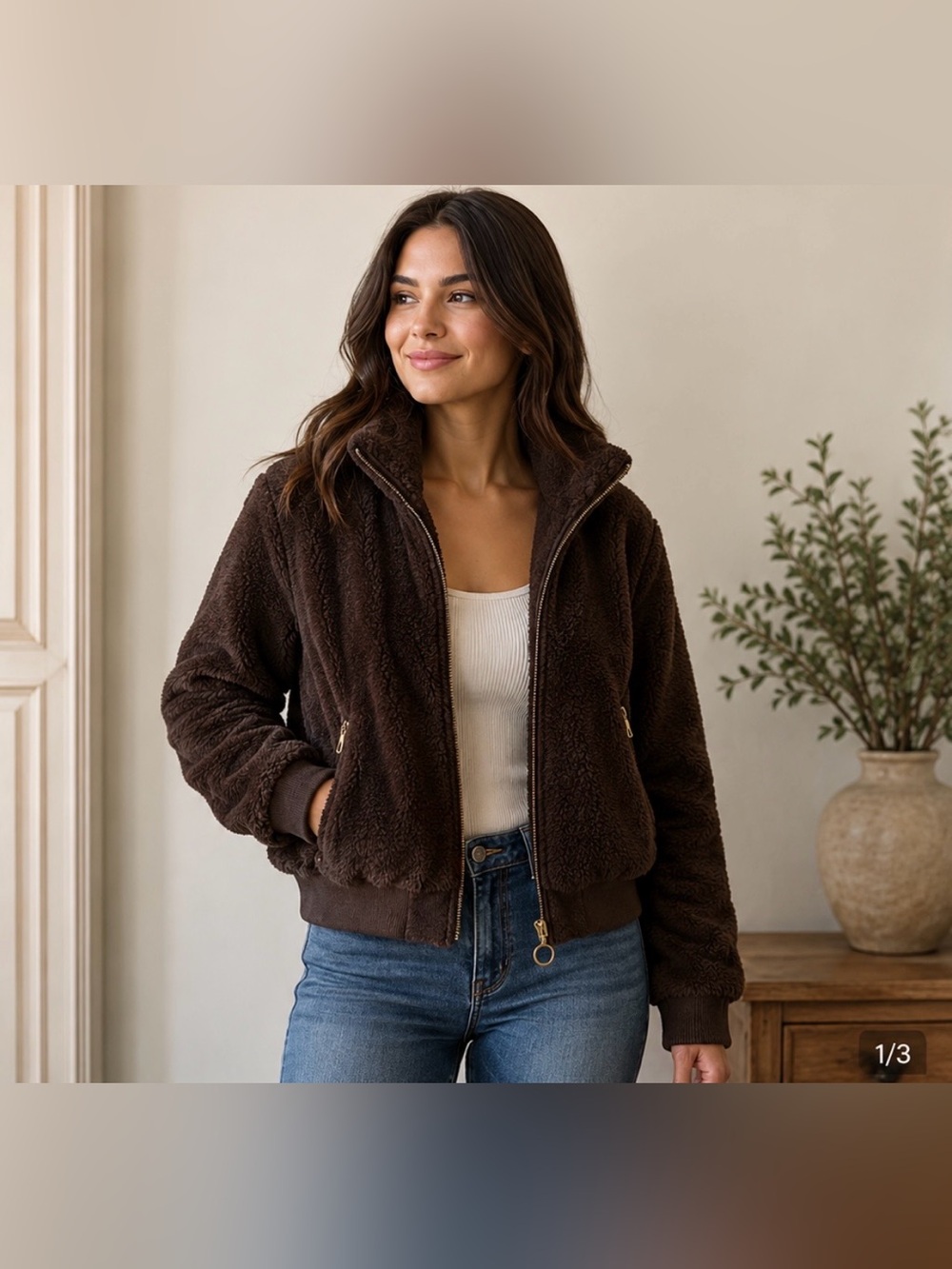 Ambiance Faux Shearling Jacket — Dark Brown, Medium